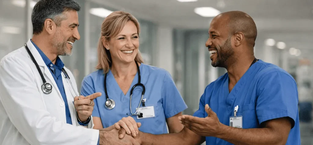 Tres profesionales sanitarios estrechándose la mano en un hospital tras llegar a un acuerdo, sonriendo y mostrando trabajo en equipo.